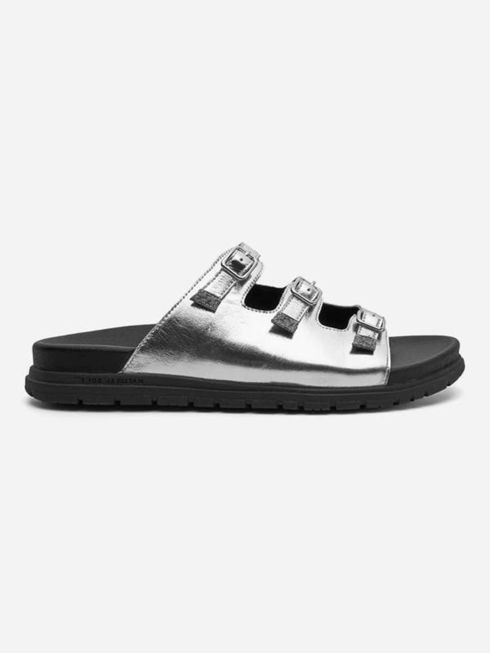 Woden Metallic Silver Leather Triple-Buckle Slide Sandal for Women Sz 39